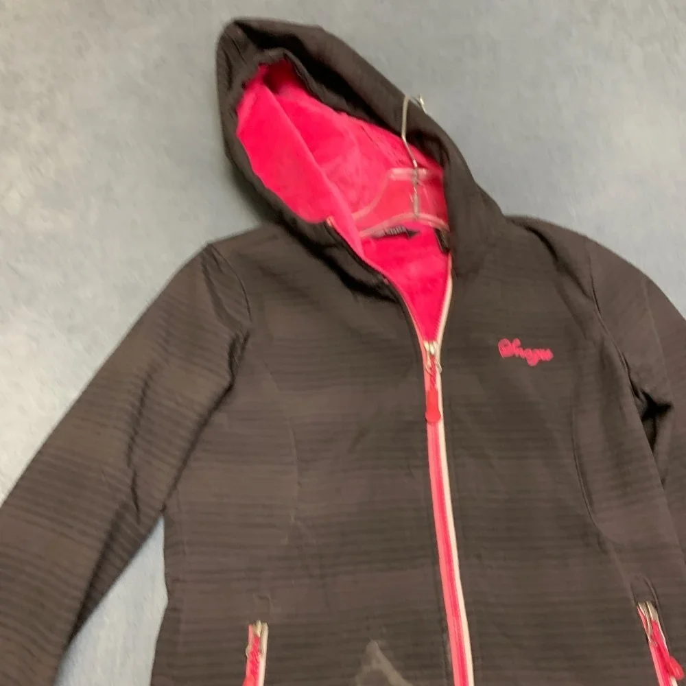 Snozu Softshell Jacket Girls S 7-8 Black Pink Sherpa Lined Hooded Thumb Holes